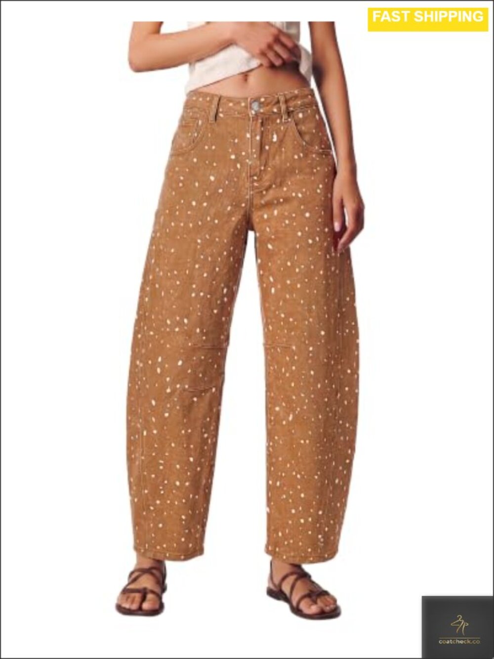 Barrel Leg High Waisted Deer Print Cropped Jeans Relaxed Fit